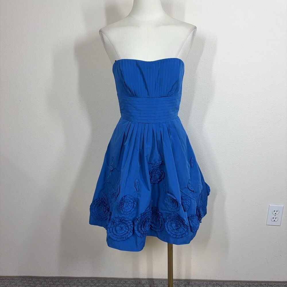 BCBGMAXAZRIA Dress Womens 2 Blue Strapless Floral Fit Flare Mini Party Cocktail